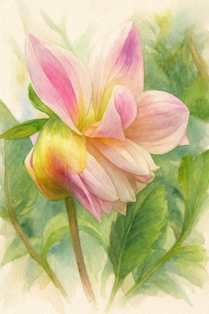 柔らかな水彩画タッチで描かれたピンクのダリアの蕾のボタニカルイラスト