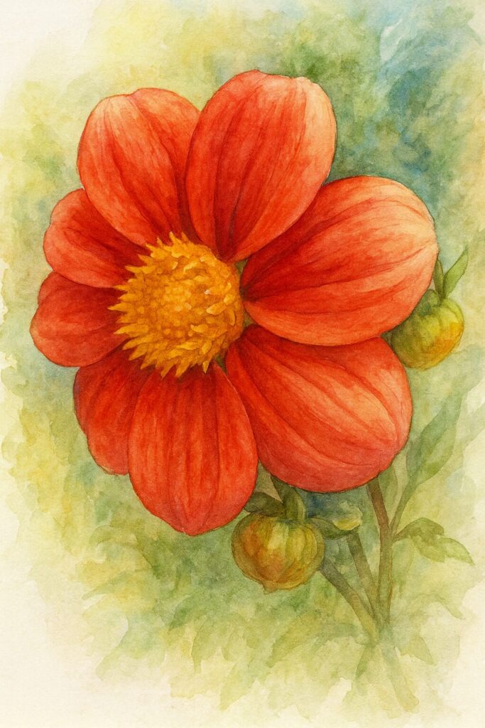 赤とオレンジのダリアを描いた水彩画風イラスト、黄色い花芯が印象的な構図