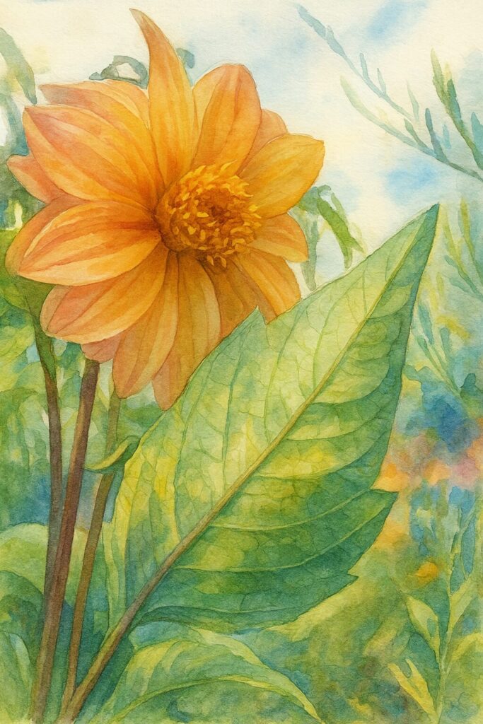 水彩画風に描かれた淡いオレンジ色のダリアの花のイラスト