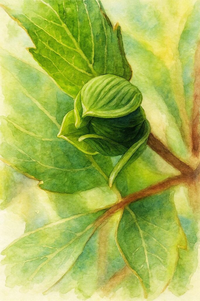 水彩画風に描かれた緑色のダリアの蕾のボタニカルイラスト