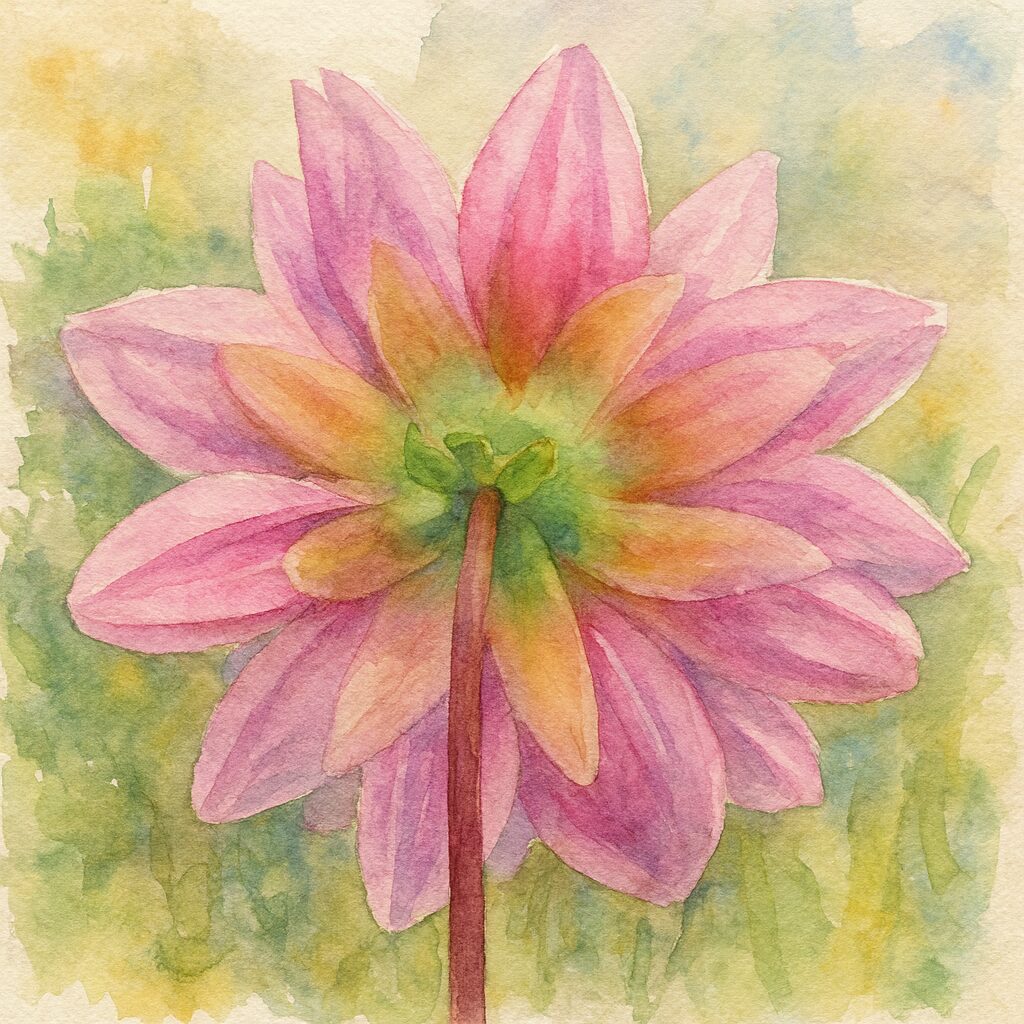 ダリアの後ろ姿を柔らかなタッチで描いたピンクの水彩画イラスト