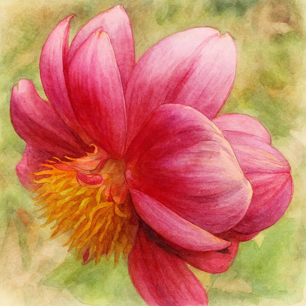 赤いダリアの水彩画風イラストのクローズアップ|鮮明な赤い花びらと黄色の中心