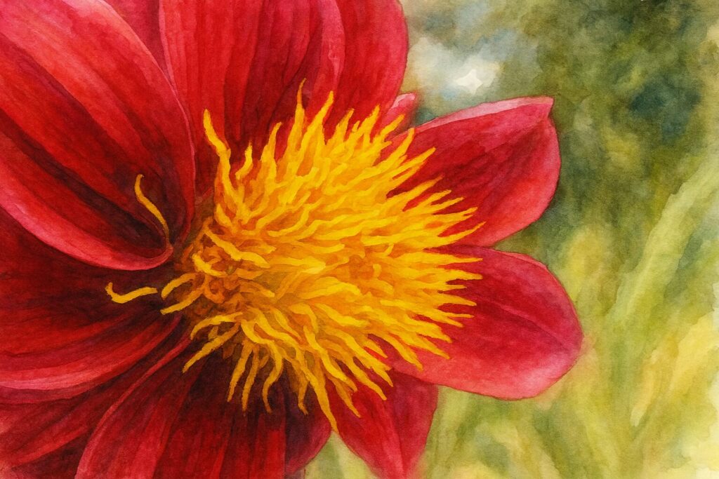 赤いダリアの接写を描いた水彩画風イラスト|黄色の花芯が美しいボタニカルアート
