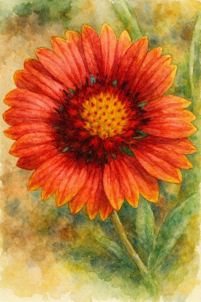ガイラルディアの赤い花を水彩画風に描いたイラスト。黄色の中心から赤い花びらが柔らかいタッチで広がる美しい植物アート