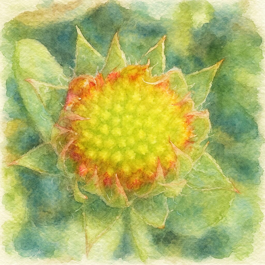 ガイラルディアの蕾を水彩画風に描いたイラスト。黄色い中心と赤い縁を持つふわふわした質感の花芽が柔らかいタッチで表現された植物アート