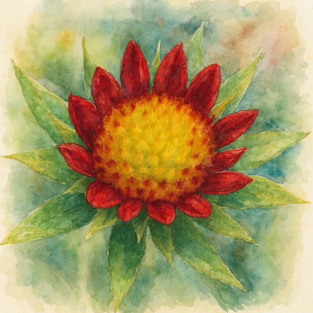 ガイラルディアの半開花を柔らかいタッチで描いた水彩画風イラスト。黄色い中心から赤い花びらが立ち上がる鮮やかな植物アート