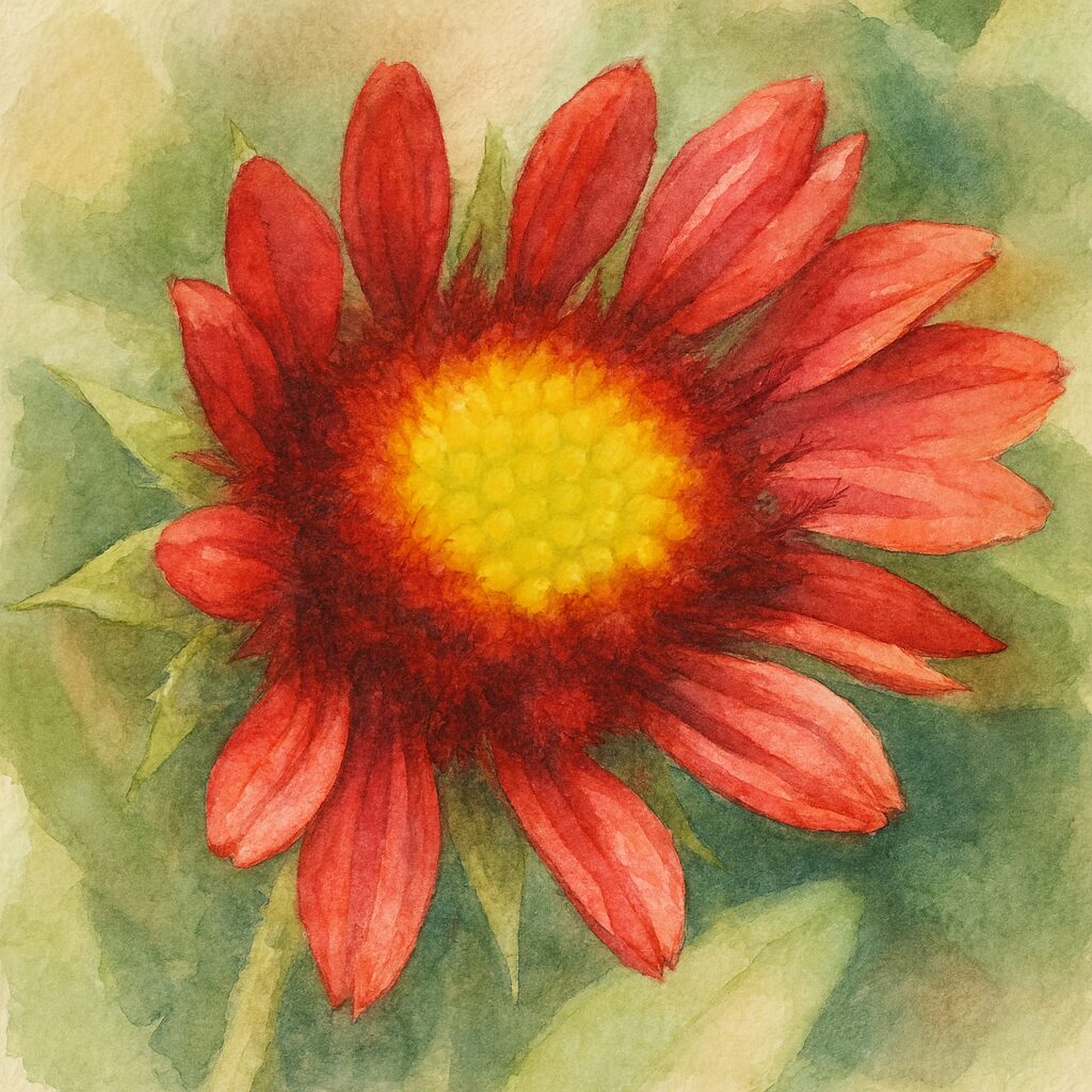 ガイラルディアの開花途中の姿を描いた水彩画風イラスト。黄色い中心から赤い花びらが広がる鮮やかな植物アート