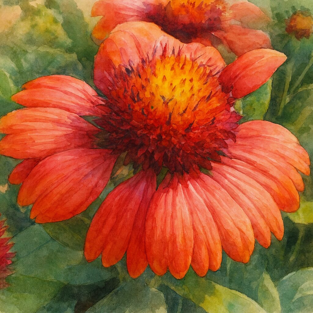 ガイラルディアの鮮やかな赤い花を描いた水彩画風イラスト。黄色と赤が混ざり合う中心部が美しく、背景の緑と調和した植物アート