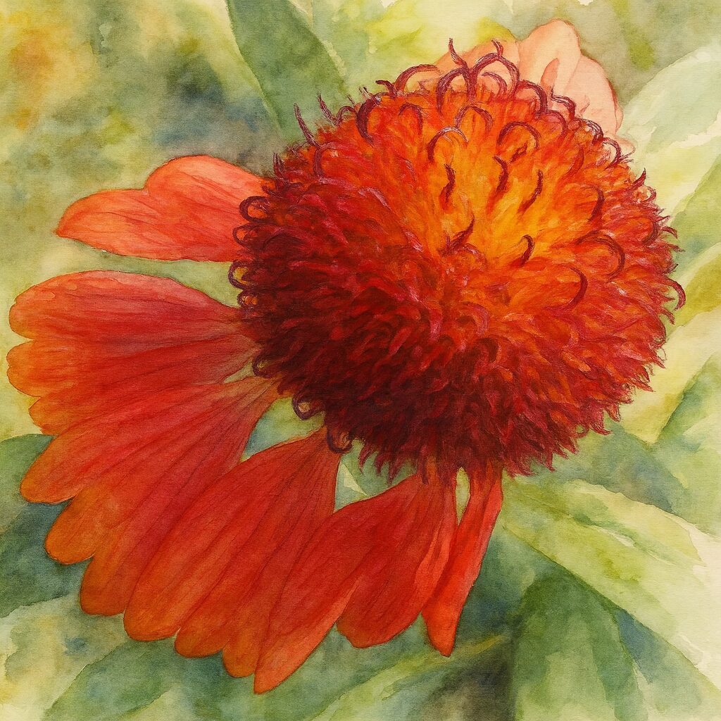 ガイラルディアの花後の中央部を鮮やかに描いた水彩画風イラスト。赤くカールした細い花弁とオレンジの芯が美しく、柔らかな背景と調和した植物アート