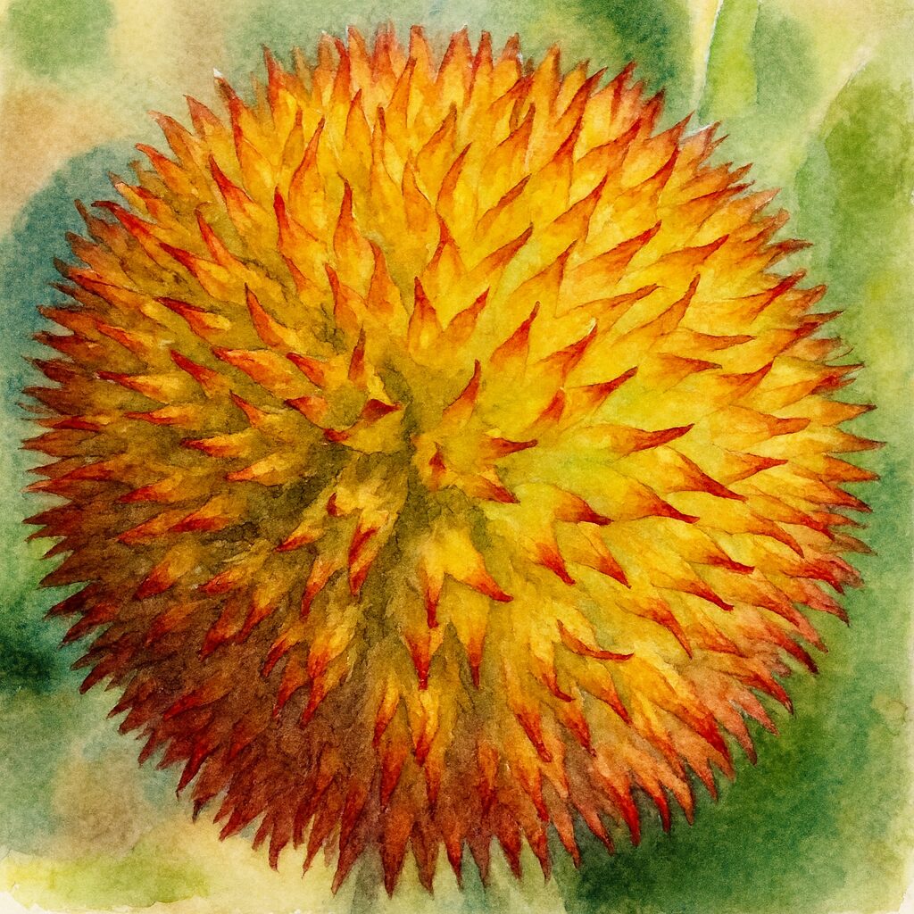 ガイラルディアのタネの球体を描いた水彩画風イラスト。黄色から赤へと色づくトゲ状の構造が柔らかいタッチで表現された植物アート