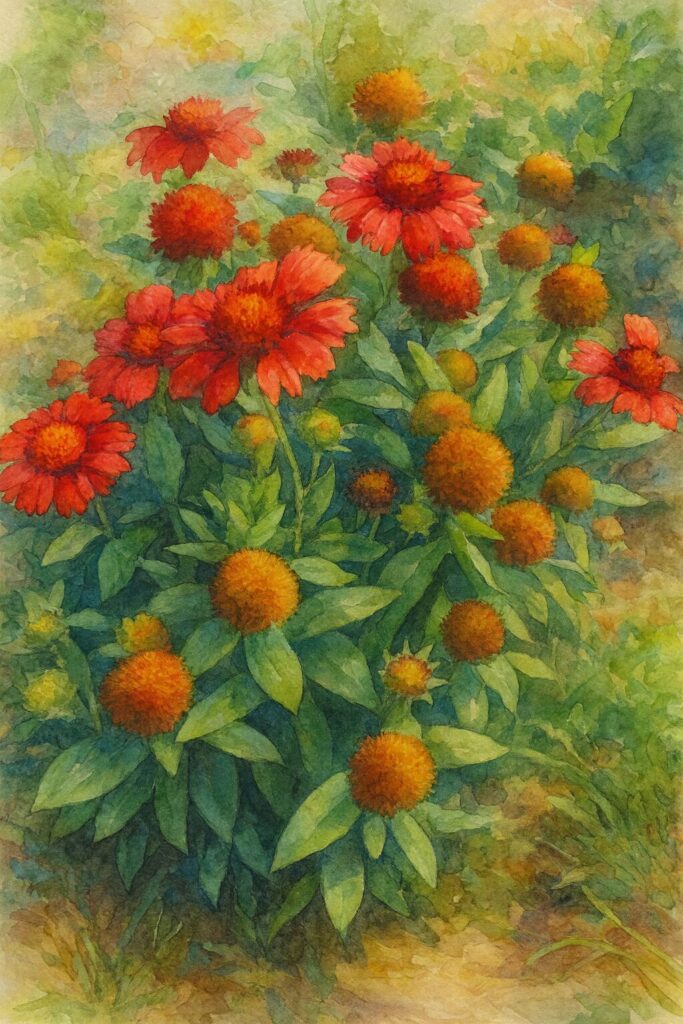 ガイラルディアが一面に咲く様子を描いた水彩画風イラスト。赤い花とオレンジ色の種の球体が立体感を持って広がる植物アート