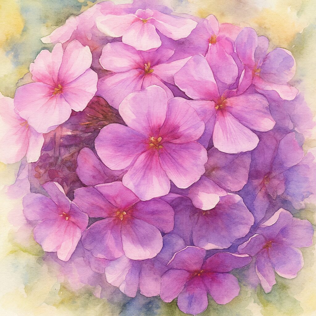 ピンク色のフロックスを描いた水彩画風イラスト、繊細な花びらが重なる植物アート