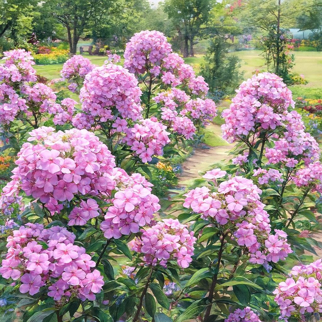 ピンク色のフロックスが庭に群生する様子を描いた水彩画風イラスト、鮮やかな花が広がるガーデンアート