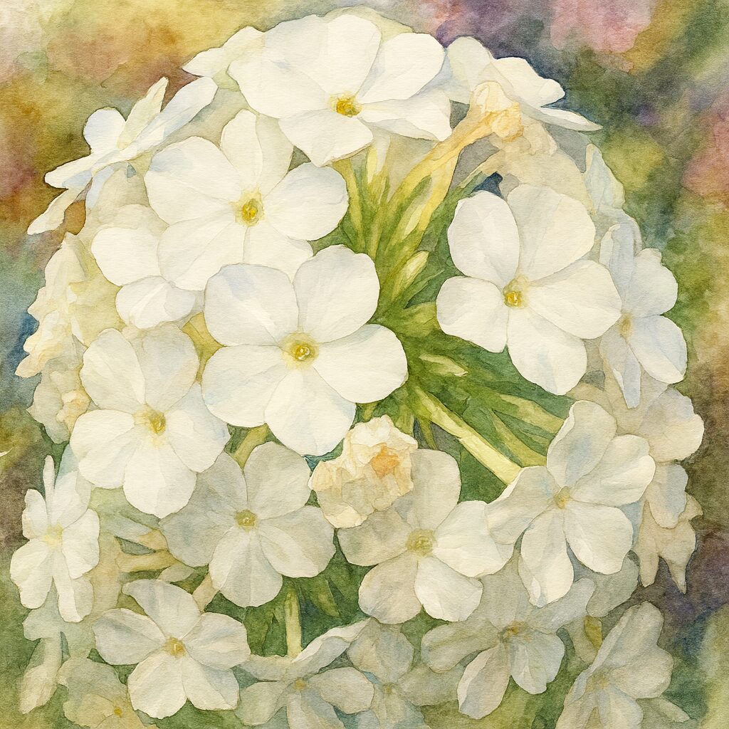 白いフロックスを繊細に描いた水彩画風イラスト、柔らかな花びらが重なる植物アート