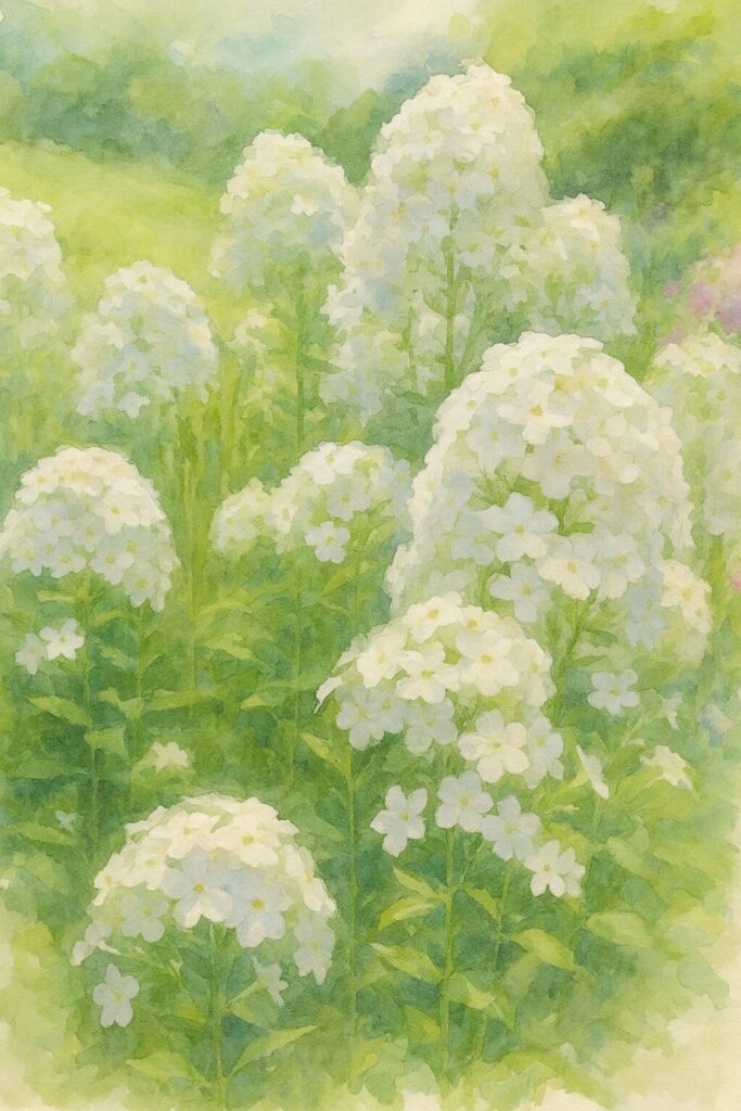 白いフロックスが咲き誇る庭を描いた水彩画風イラスト、柔らかな光に包まれた花風景アート