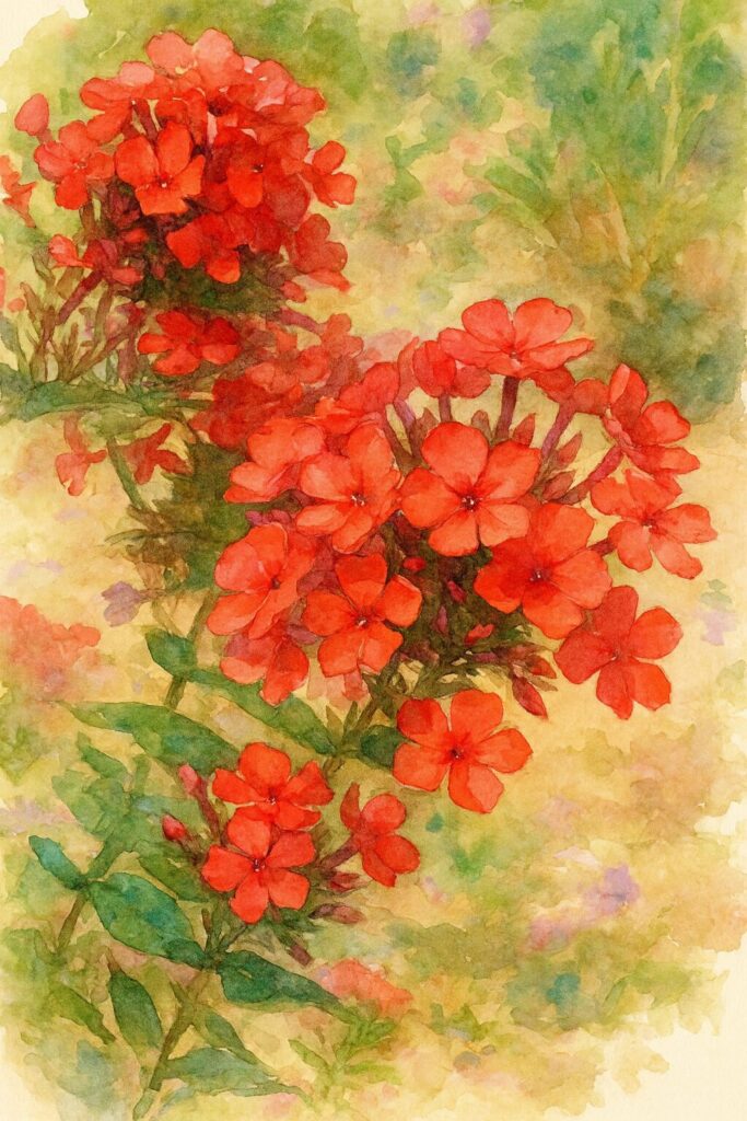 赤いフロックスの花を情熱的に描いた水彩画風イラスト、夏の庭を彩る鮮やかな植物アート