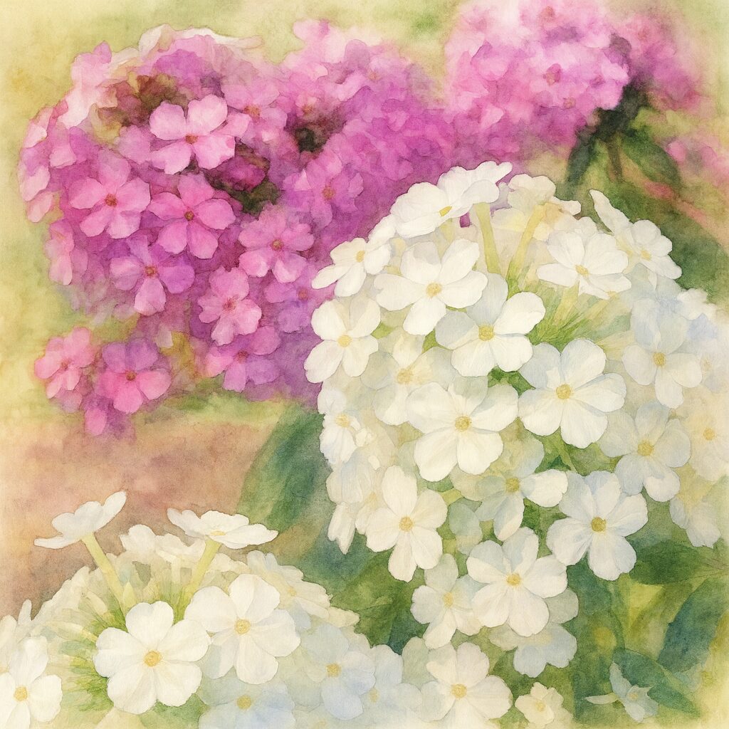 白とピンクのフロックスを柔らかなタッチで描いた水彩画風イラスト、爽やかで上品な花アート