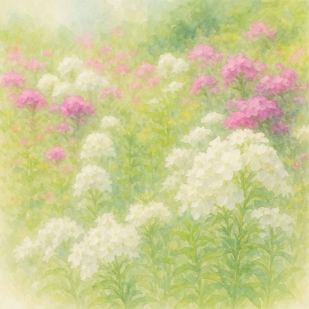 白いフロックスを主役に柔らかく描いた水彩画風イラスト、奥に広がるピンクの花畑が美しい花風景アート