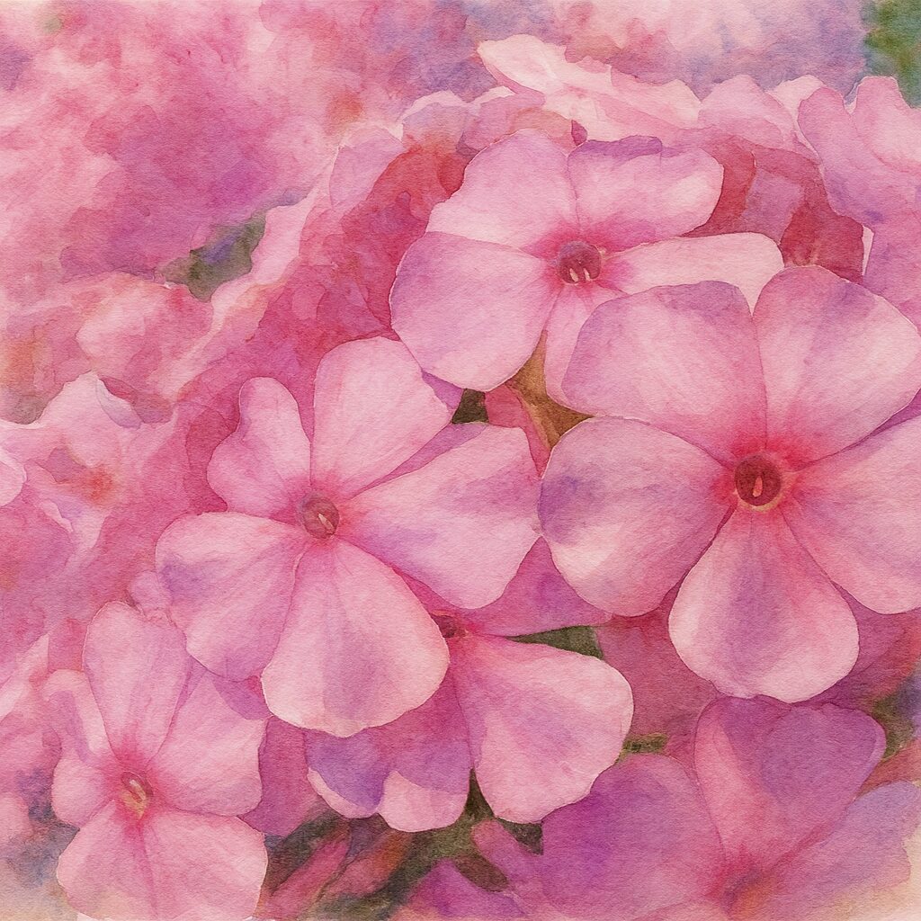 ピンク色のフロックスを柔らかなタッチで描いた水彩画風イラスト、繊細な花びらが重なる植物アート