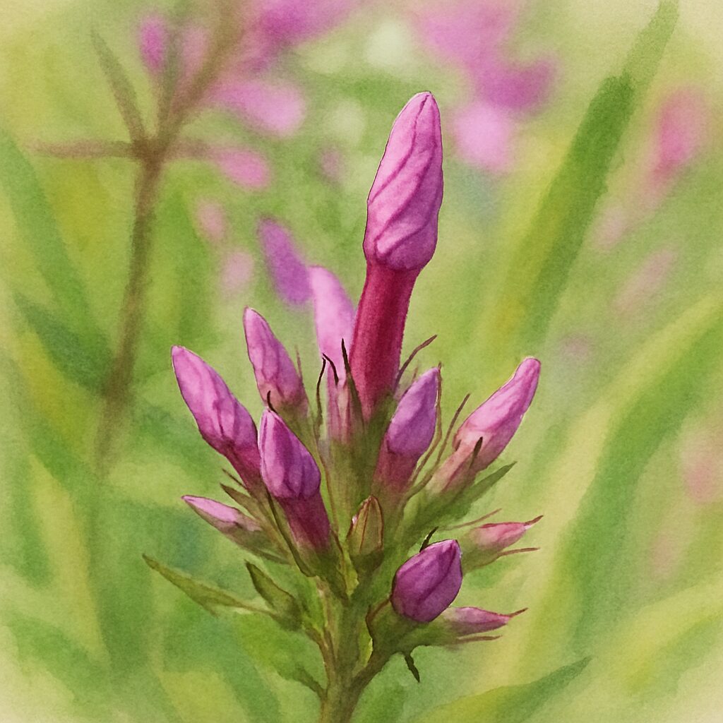 フロックスの蕾を細やかに描いた水彩画風イラスト、開花を待つ紫色の花芽が美しい植物アート