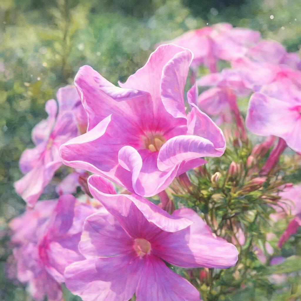 開花し始めたピンクのフロックスを柔らかく描いた水彩画風イラスト、繊細な花びらが光に透ける植物アート