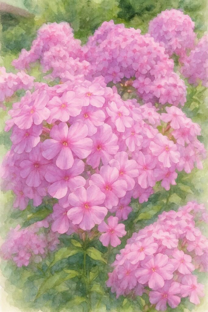 ピンクのフロックスがふんわりと咲き誇る水彩画風イラスト、柔らかい光に包まれた花風景アート