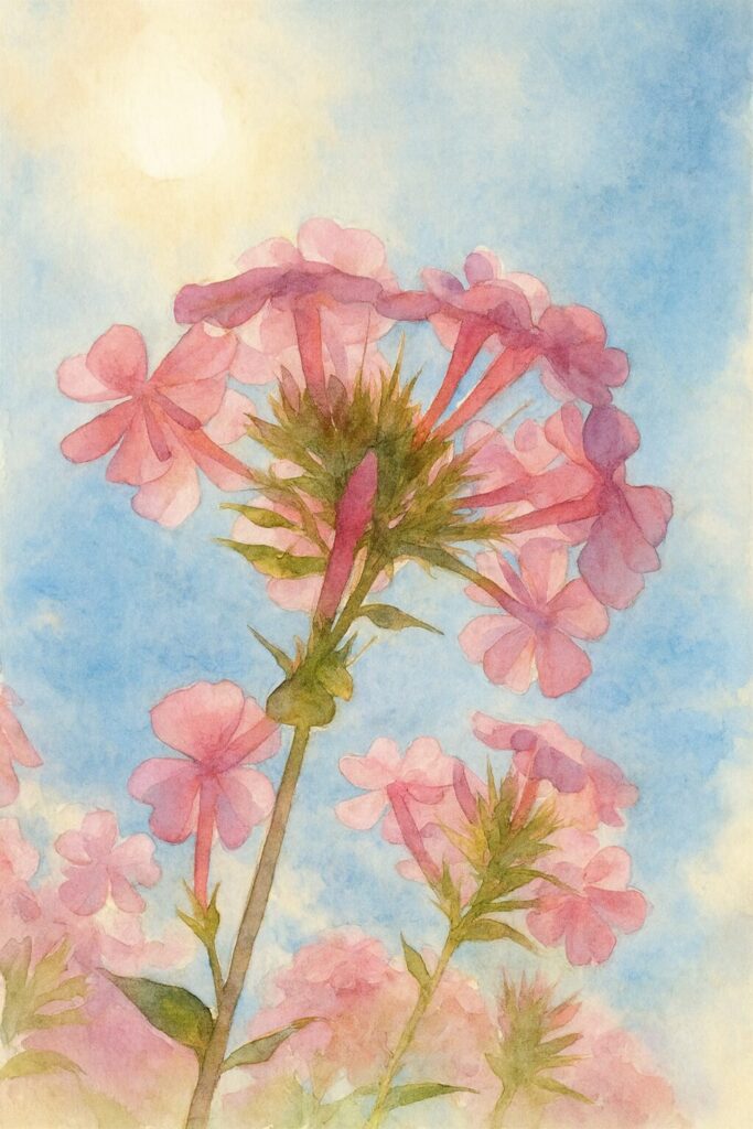 青空に向かって咲くピンクのフロックスを逆光で描いた水彩画風イラスト、光に透ける花びらが美しい