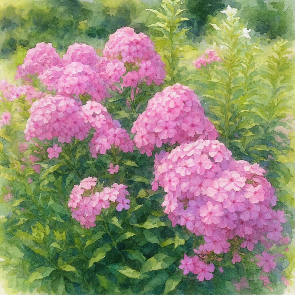 ピンクのフロックスがふんわり咲き誇る水彩画風イラスト、爽やかな夏の庭を描いた植物アート