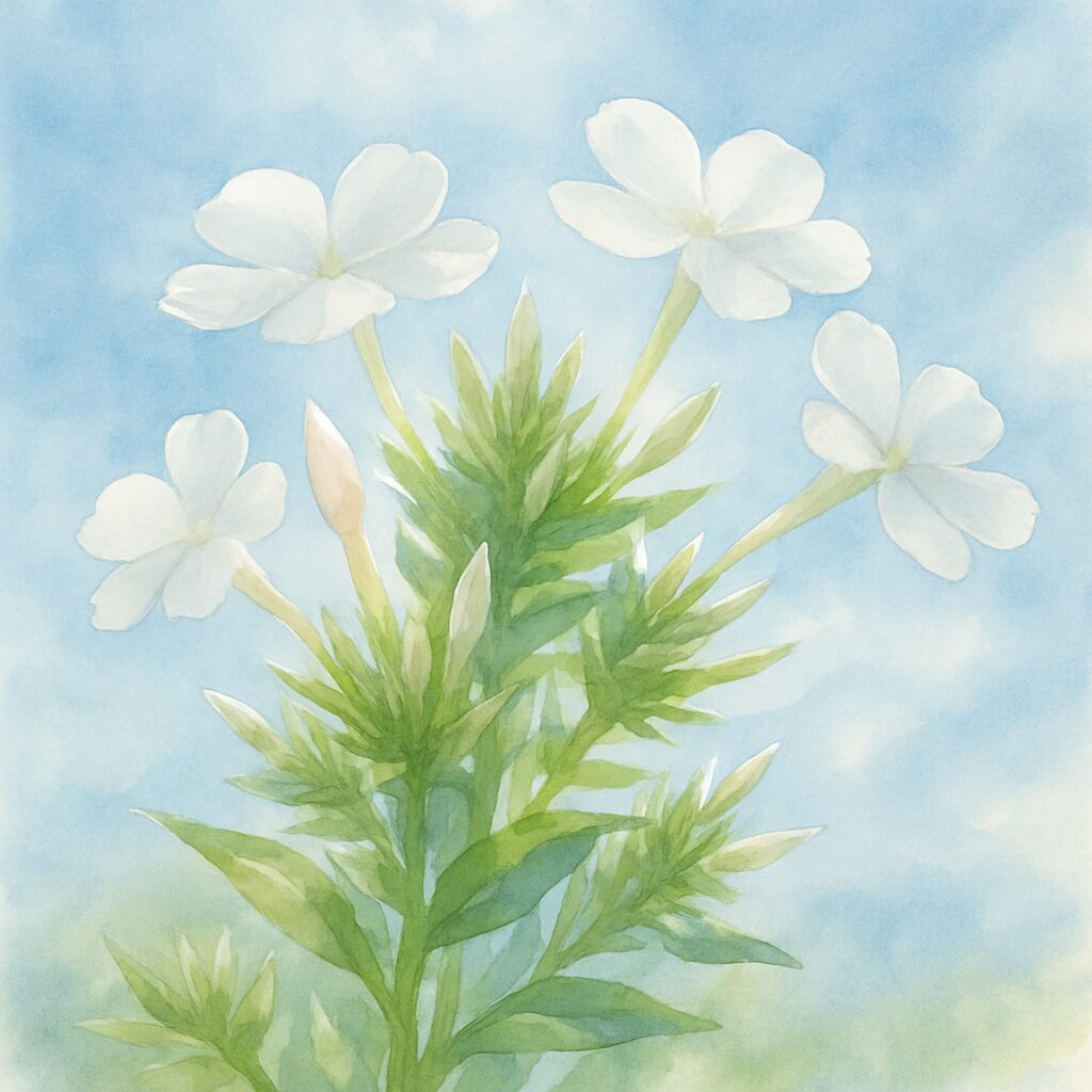 白いフロックスの花を透き通る光で描いた水彩画風イラスト、青空に映える爽やかな植物アート