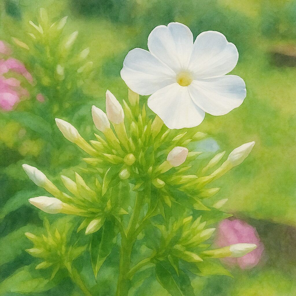 白いフロックスの花を主役に描いた水彩画風イラスト、柔らかな緑の背景が花の美しさを引き立てる