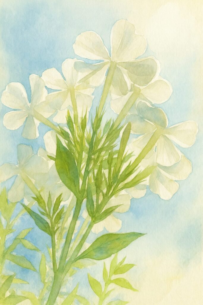 青空に向かって咲く白いフロックスの花を描いた水彩画風イラスト