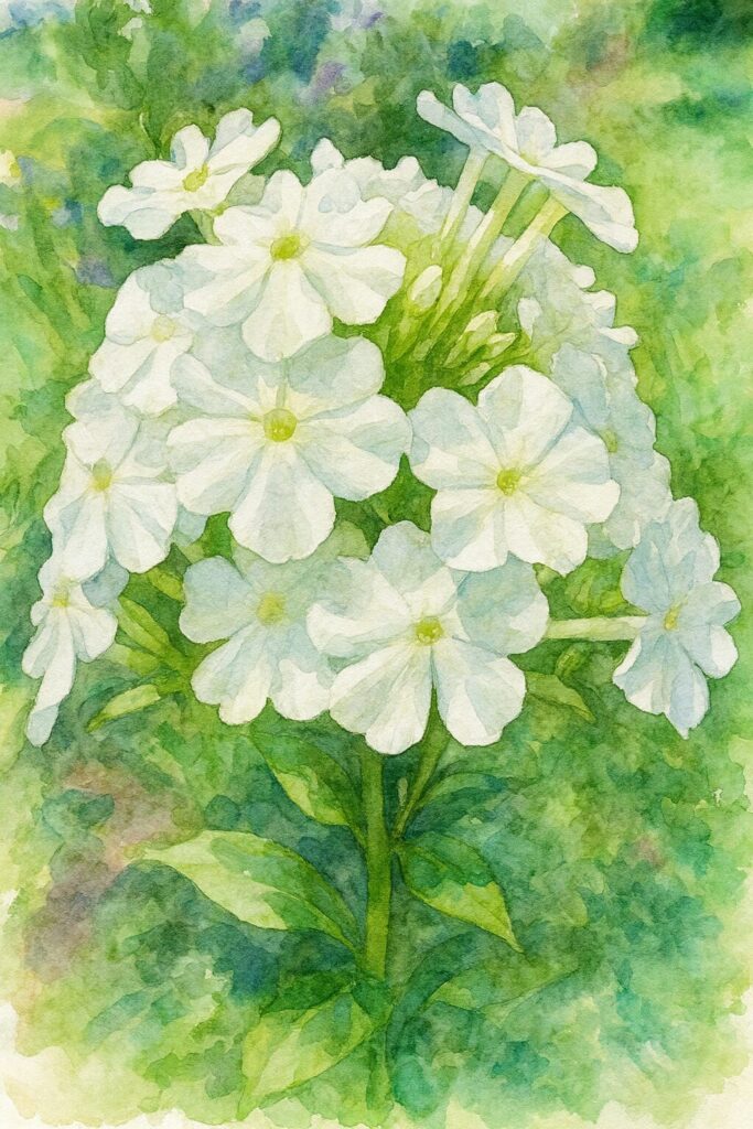 水彩画風に描かれた白いフロックスのクローズアップボタニカルアート