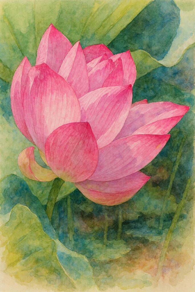 緑の葉を背景にしたピンクのハスの花の水彩画風イラスト