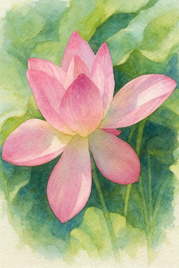 淡い緑の葉を背景に大きく花びらを広げたピンクのハスの水彩画風イラスト