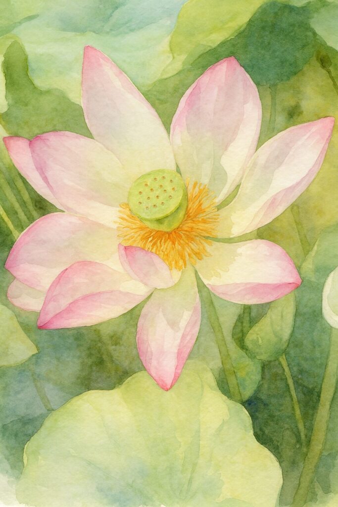 緑の葉を背景に花托と黄色い雄しべが際立つピンクと白のハスの水彩画風イラスト