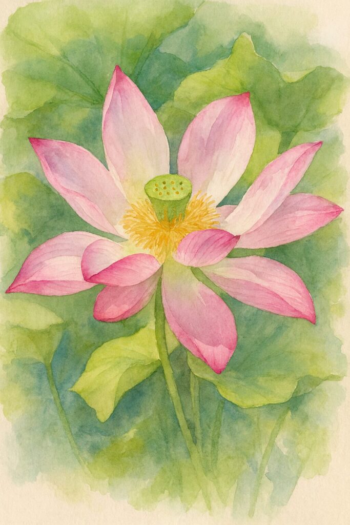 緑の葉を背景にピンク色のハスの花が華やかに咲く水彩画風イラスト