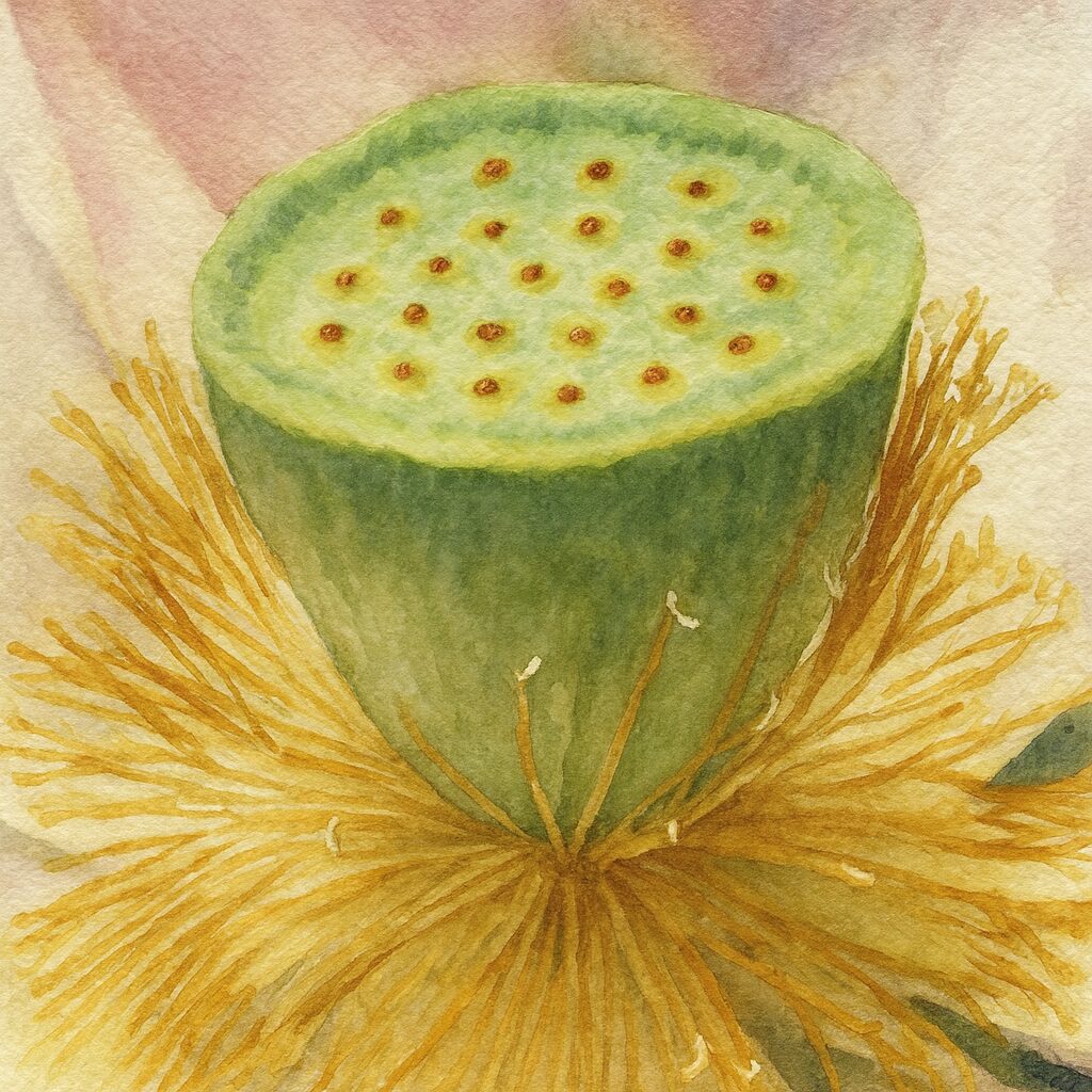 ハスの緑色の花托と黄金色の雄しべを丁寧に描いた水彩画風イラスト