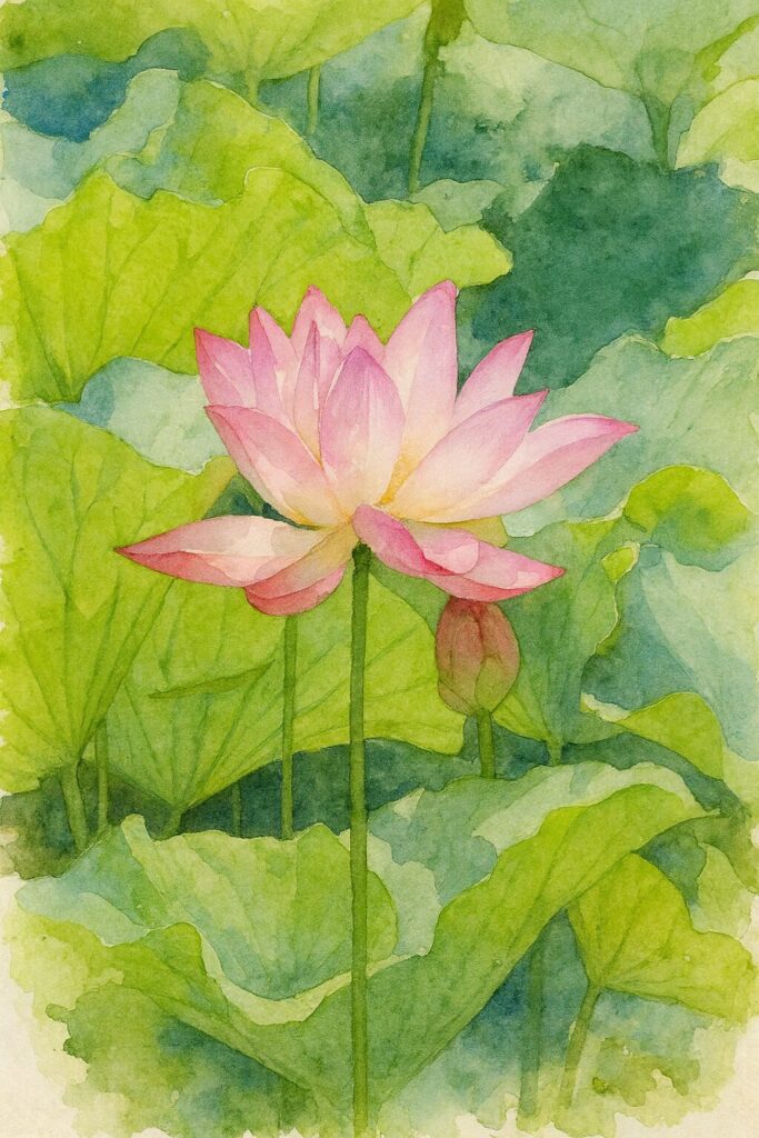 大きな緑の葉を背景に淡いピンクのハスが凛と咲く水彩画風イラスト