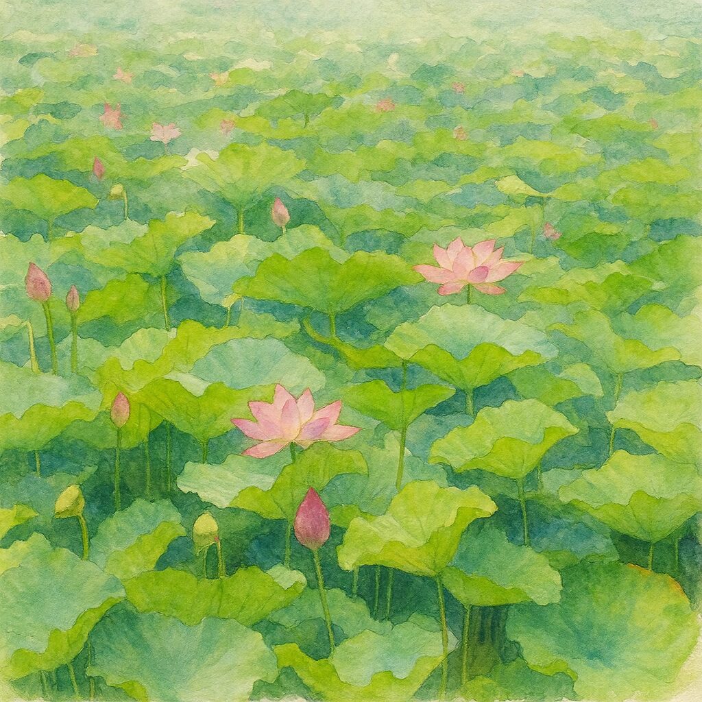 緑の葉が一面に広がる中に淡いピンクの蓮花が点在する水彩画風イラスト