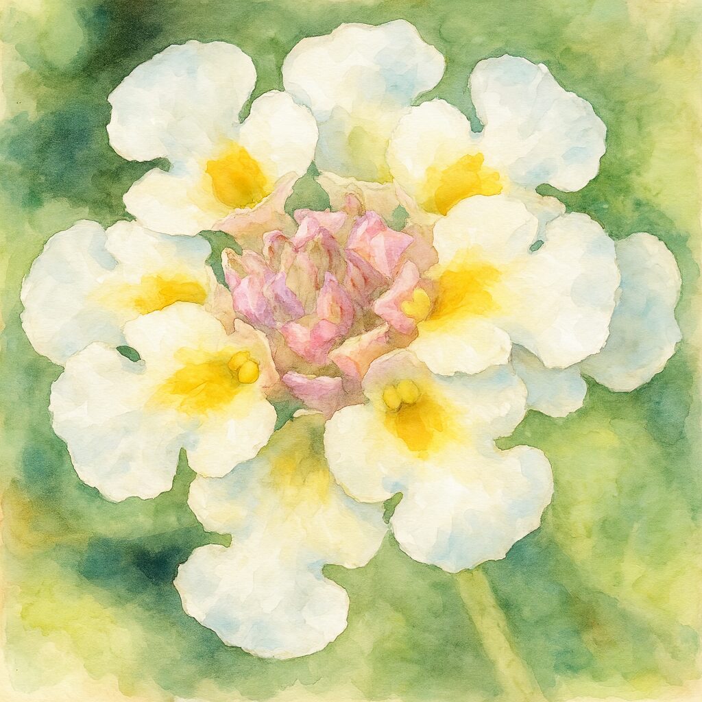 水彩画風に描かれたクラピアの白い花のイラスト|黄色とピンクの色彩が柔らかく広がる