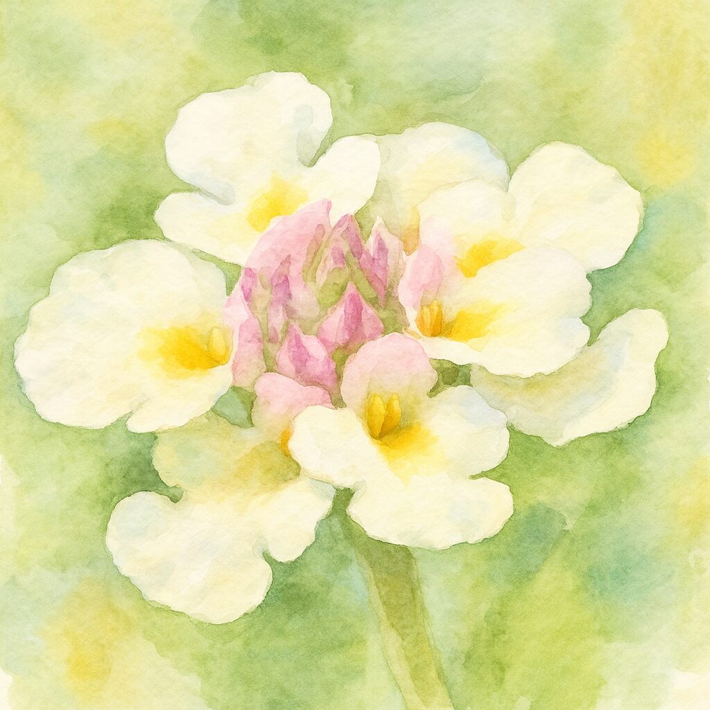 水彩画風に描かれたクラピアの白い小花のイラスト|柔らかな緑背景と淡いピンクの蕾が特徴