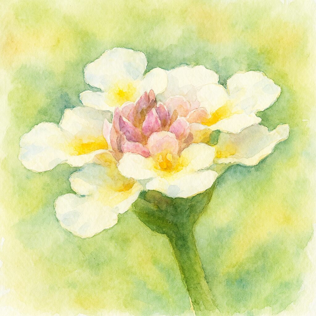 水彩画風に描かれたクラピアの白い小花のイラスト|柔らかな緑背景と立体的な蕾が映える