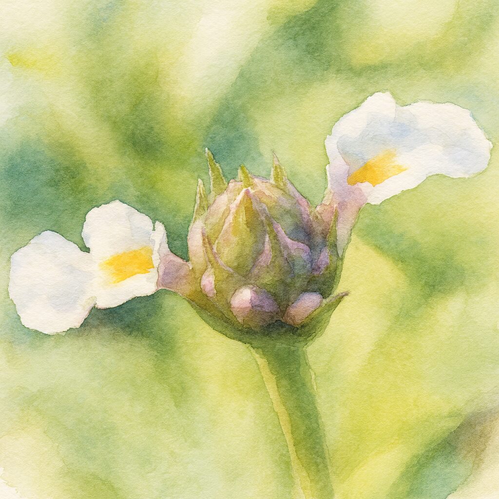 水彩画風のクラピアの蕾と白い小花のイラスト|柔らかい緑背景に浮かぶ繊細な花姿