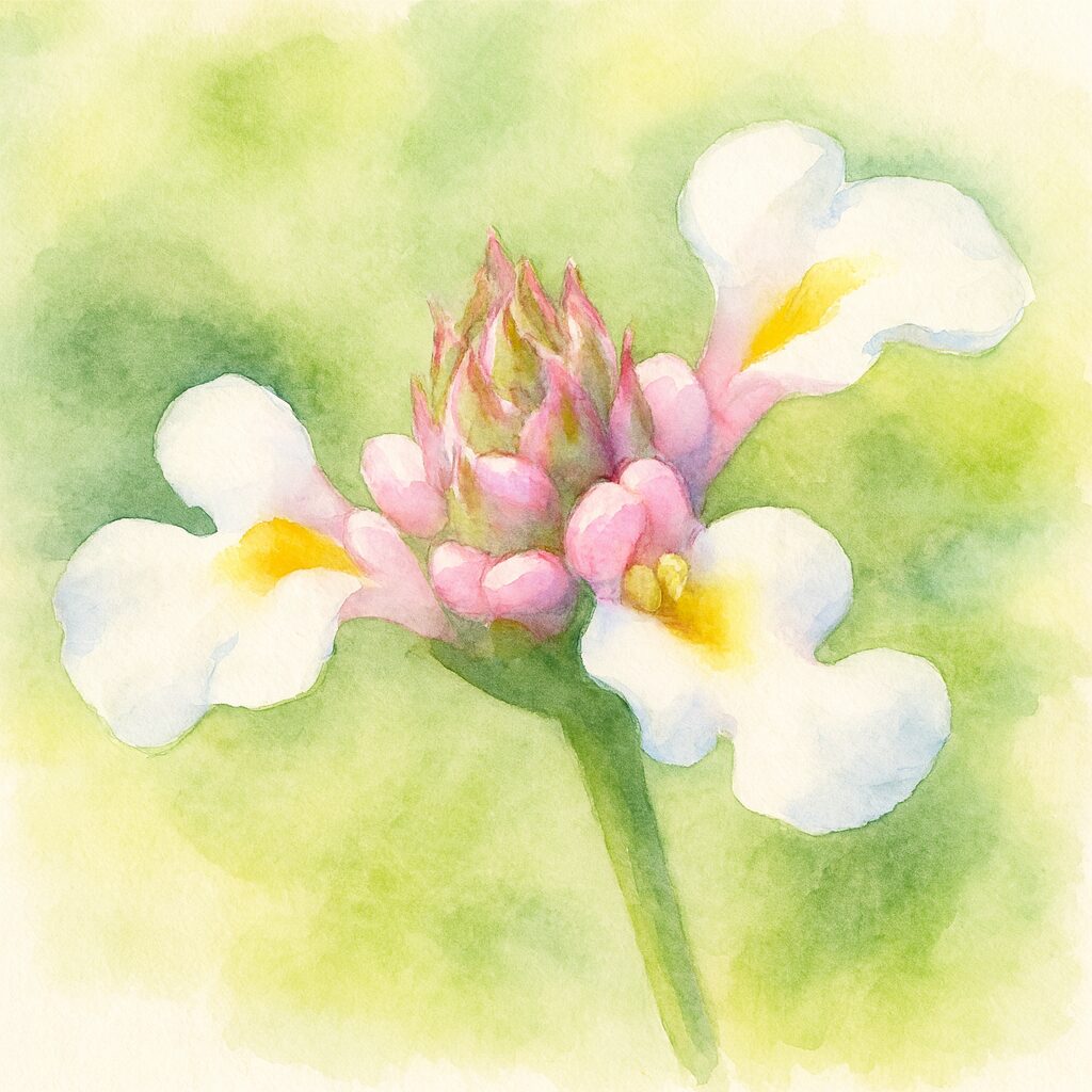 水彩画風に描かれたクラピアの蕾と白い小花のイラスト|柔らかな緑背景と繊細な花姿