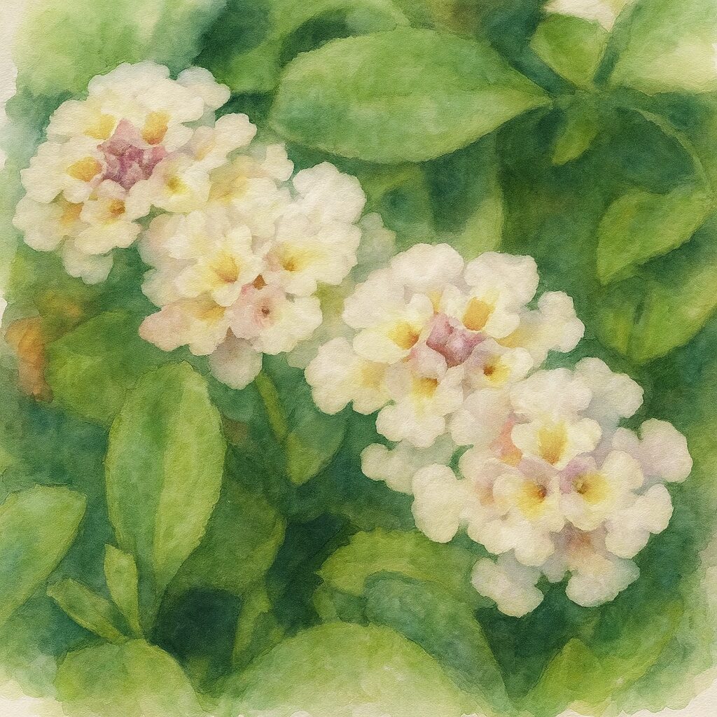 水彩画風に描かれたクラピアの白い花が連なるイラスト|柔らかな葉の背景とふんわりした花姿