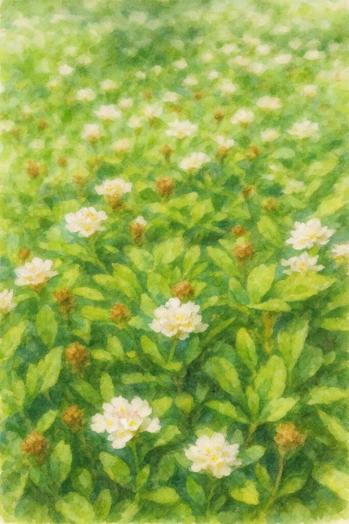 水彩画風に描かれたクラピアの群生風景|白い小花が緑の絨毯のように広がる