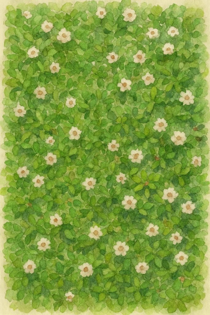 水彩画風に描かれたクラピアの群生|明るい緑の絨毯に白い小花が点在する風景