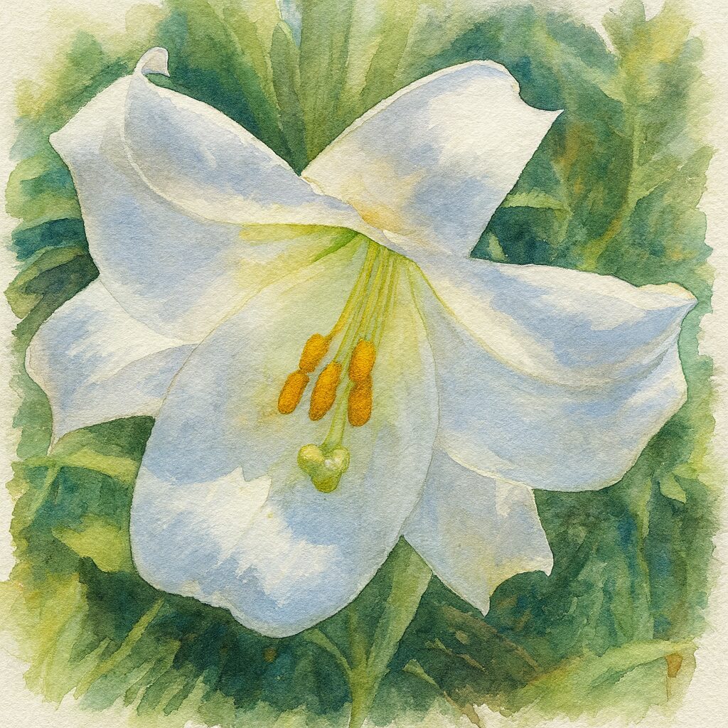 タカサゴユリ（高砂百合）の白い花を描いた水彩画風イラスト｜柔らかい光と緑の背景