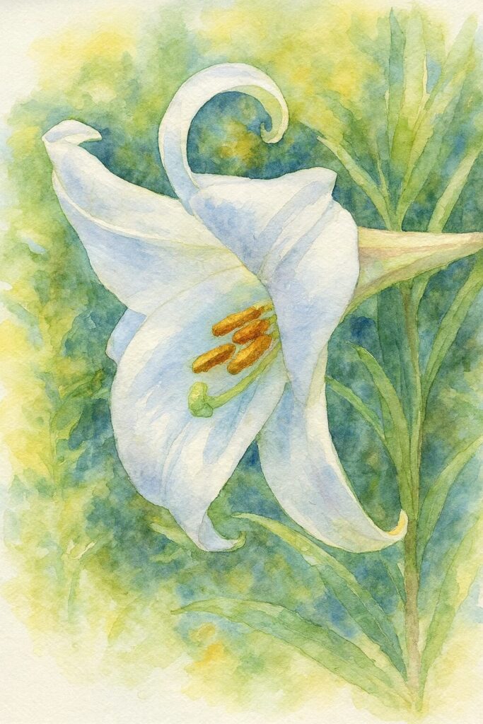 タカサゴユリ（高砂百合）の白い花を描いた水彩画風イラスト｜曲線的な花弁と緑の背景が柔らかく調和