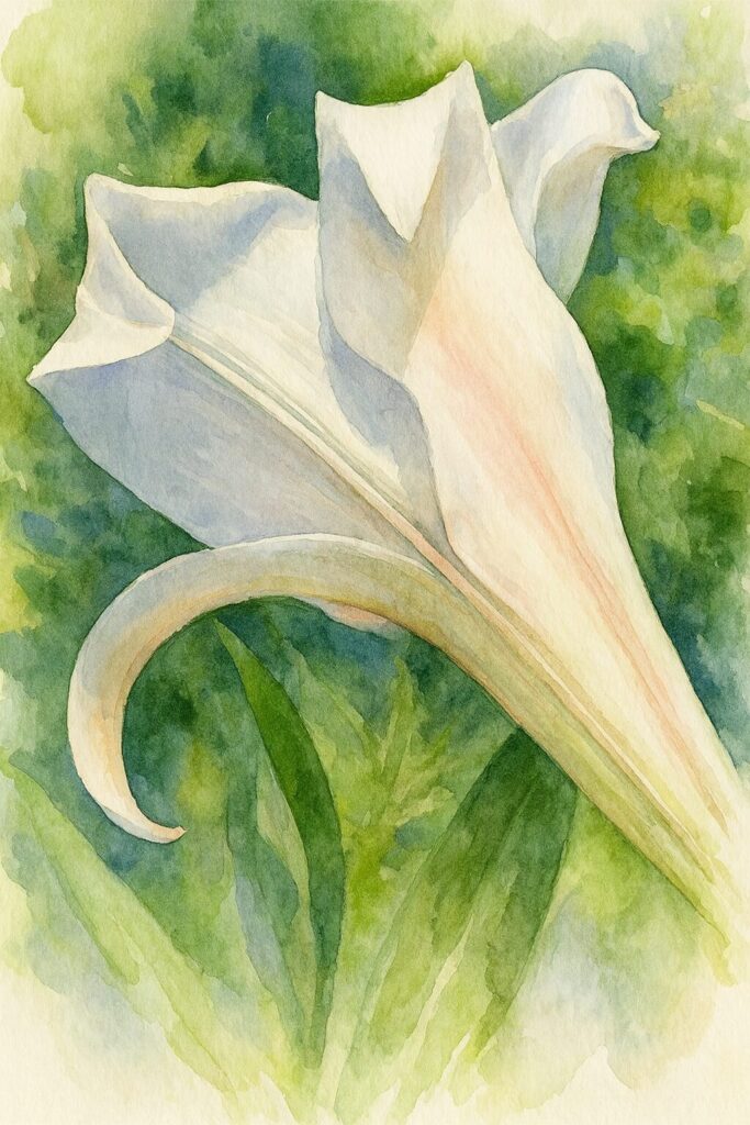 タカサゴユリ（高砂百合）の白い花を後方から描いた水彩画風イラスト｜柔らかな陰影と曲線美が映える植物画